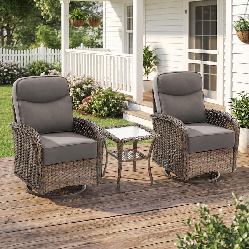 Pocassy Outdoor Sofa Swivel Chair and Ottman with Coffee Table - Brown Wicker Gray Cushion - 3-Piece Swivel Chair  with Side Table