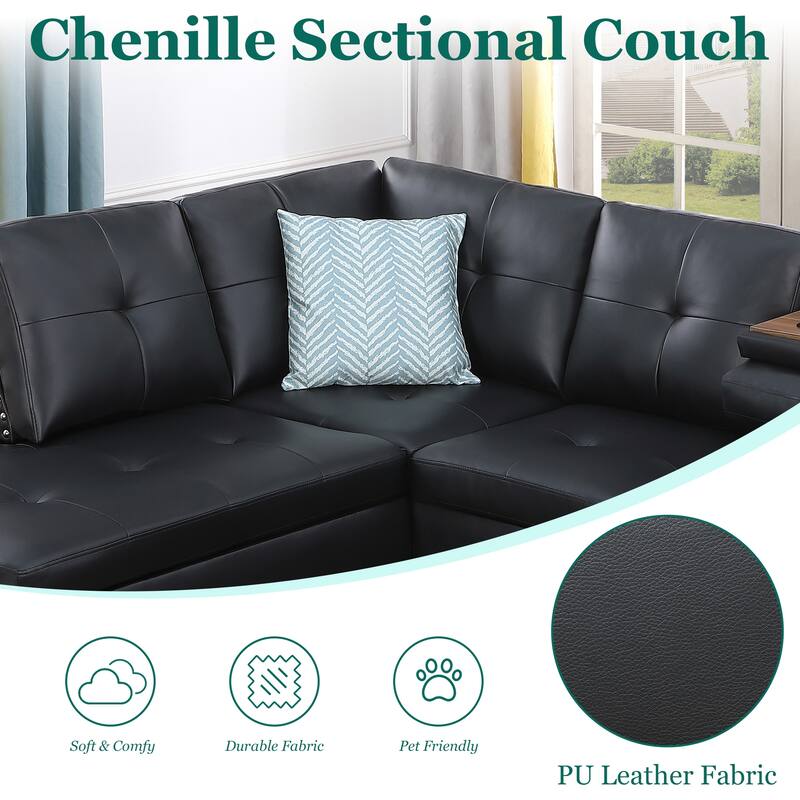 HOMEFUN Linen/Leather Upholstered L-Shaped 4-seater Multifunctional Sectional Sofa with Storage Ottoman,Cup Holder