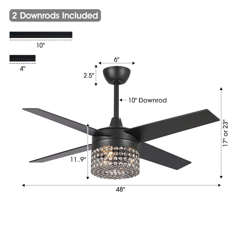 48" Black Wood 4-Blade Crystal Fandelier Ceiling Fan with Remote and Light