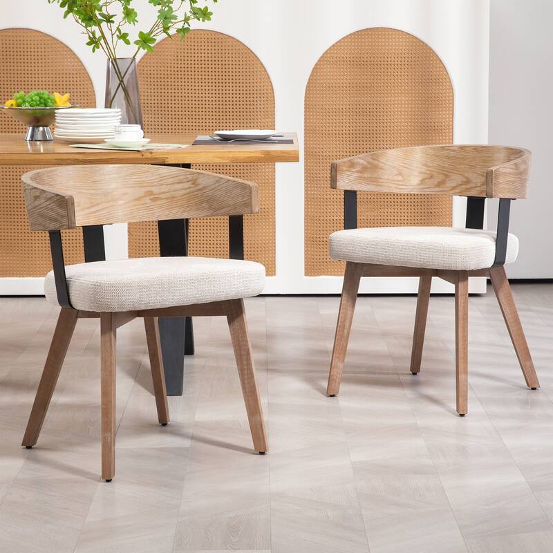 Set of 2 Beck Beige Linen Fabric Dining Chair with Natural Wood Backrest and Legs