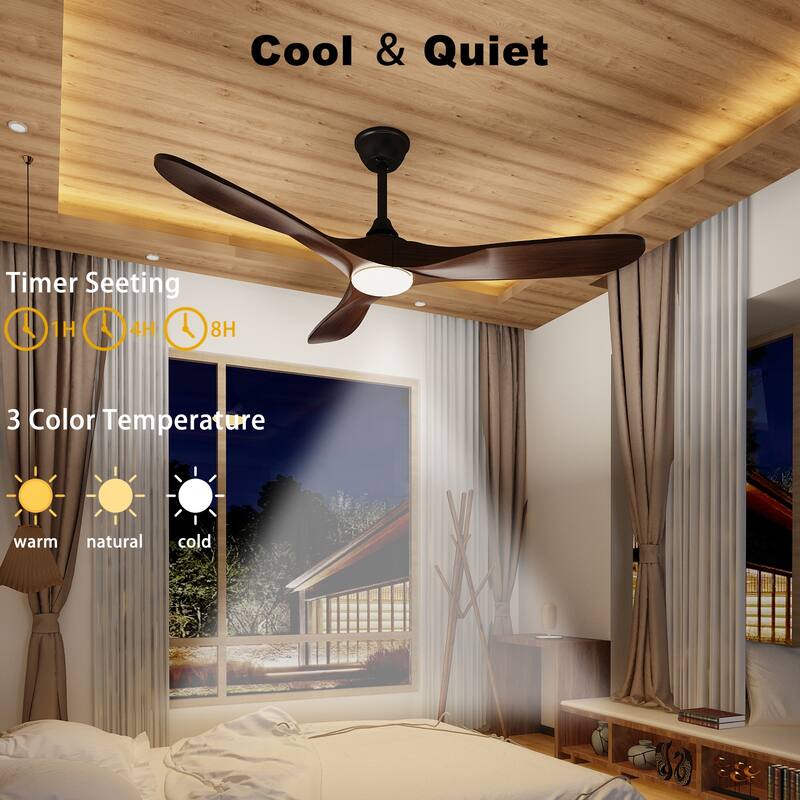 60" LED Light 3-Blades Wood Ceiling Fan with Remote Control, Brown - 60 Inches