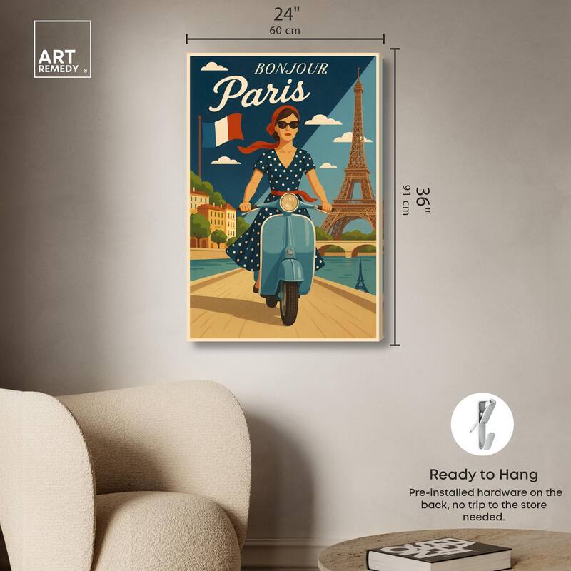 Scooter French Travel Canvas by Art Remedy, Gallery Wrapped