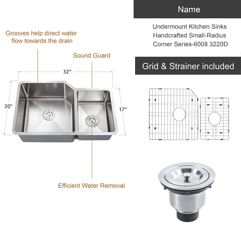 Dowell Undermount Double Bowl Stainless Steel Kitchen Sink - Small Radius Corners