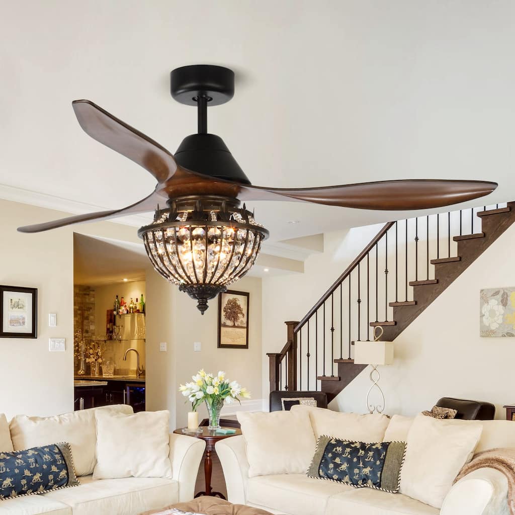 52-inch Traditional 3-Blade Reversible Crystal Ceiling Fan with Remote