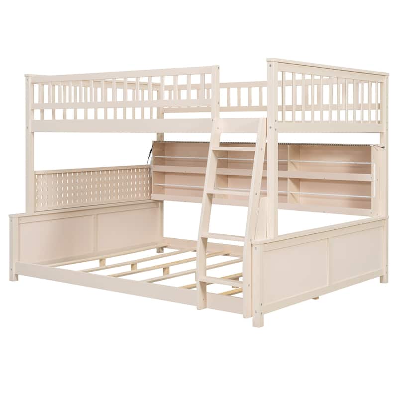 Full XL over Queen/Full over Full Bunk Bed with Integrated Shelving, Color-Changing Lights & Pegboard