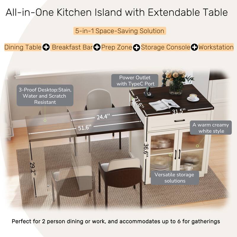 83.1"Extendable Kitchen Island with Slide Out Table and Storage Racks,Kitchen Island with Tempered Glass Doors,Power Outlet