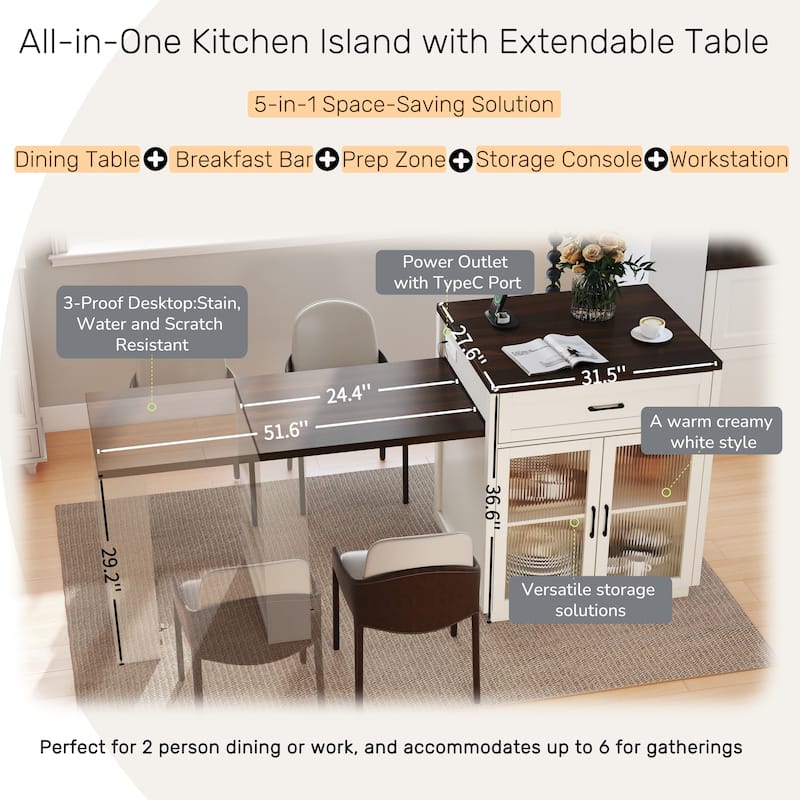 Homy Casa 83" Extendable Kitchen Island with Slide Out Table & Storage
