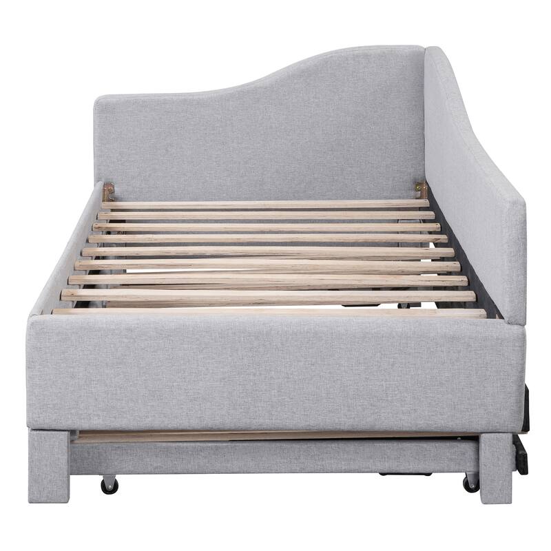 Twin Size L-Shaped Upholstered Daybed with Pull-Out Trundle, Linen Fabric, Convertible to Irregular King