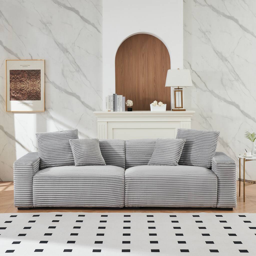 Modern 104.72-Inch 4-Seat Sofa - Cozy Corduroy Fabric Couch with 4 Removable Pillows.