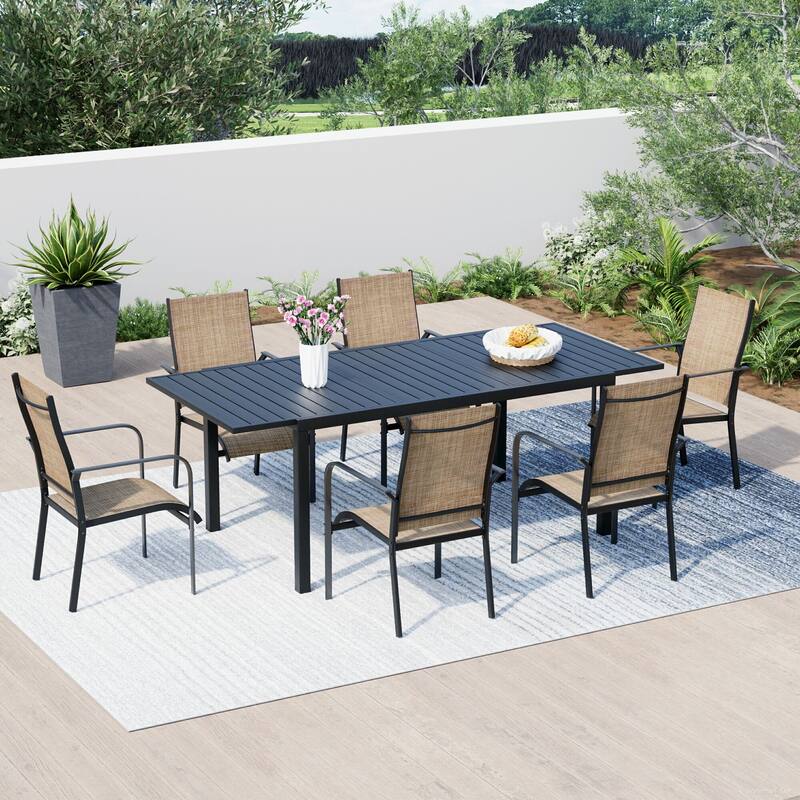 Patio Dining Set, Outdoor Dining Table and Chairs Set with Textilene Chairs, Adjustable Umbrella Hole for Garden, Backyard - 7/9 Piece-Expandable - Brown