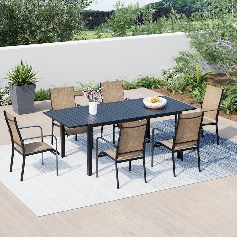 Patio Dining Set with Textilene Chairs / Swivel Rockers, Table w Adjustable Umbrella Hole - 7/9 Piece--Expandable - Brown