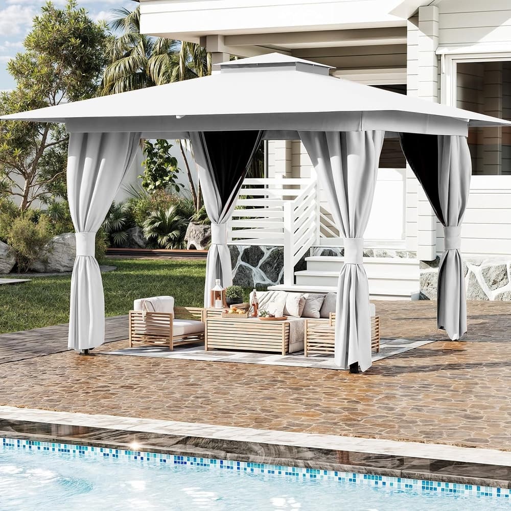 EROMMY Outdoor Gazebo with Double Roof, Heavy Duty Patio Canopy Tent with Netting and Curtains