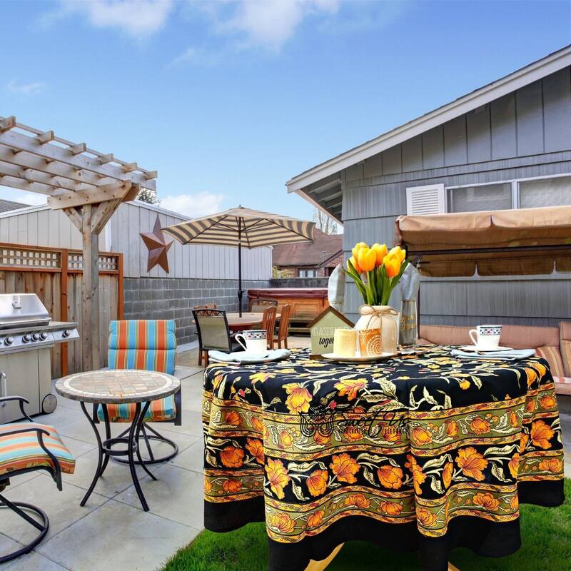 Cotton Sweet French Country Floral Tablecloth Round, Runner - 90-inch Round - Black Amber