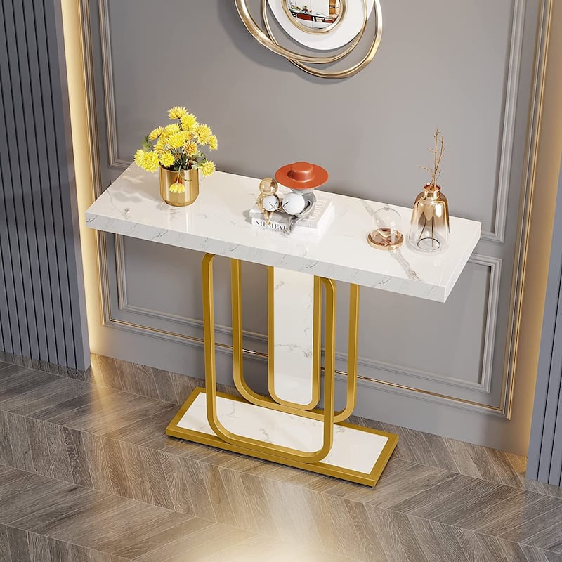 41.3" Console Table with LED Lights, Modern Gold White Entryway Hallway Accent Table