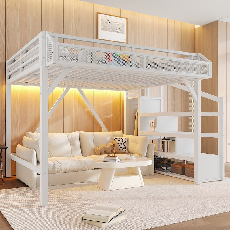 Queen Loft Bed with Storage Stairs, Shelves and Built-in Wardrobe, with USB Ports and LED Lights, Noise-reduced Design - White