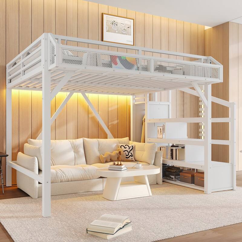 Roomfitters Metal Loft Bed with Wardrobe and Storage Stairs, LED Lights and USB