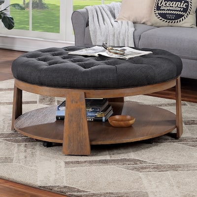 Wire-brushed Finish Natural Ottoman Transitional Style Deep Button Linen Like Tufted Seat Open Bottom Shelf Living Room