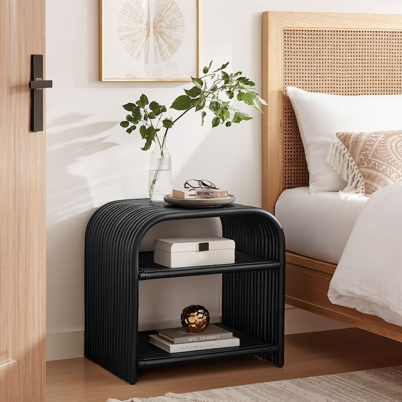 Eve Curved Natural Rattan Side Table - Black