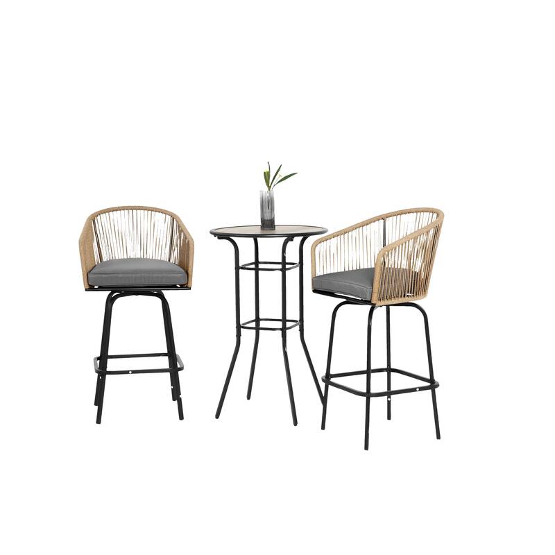 3pcs Outdoor Bar Set, Patio Bar Table and Chairs Set, Bar Height Patio Set - 2 x Swivel Bar Chairs , 1 x Round Bar Table