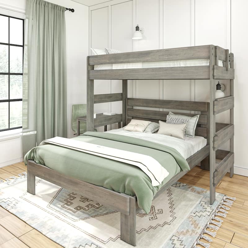 Max and Lily Farmhouse Twin over Queen L Shaped Bunk Bed with Desk - Driftwood