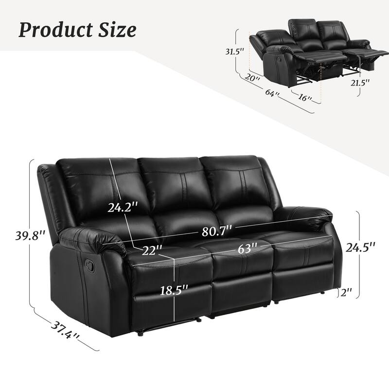 Manual Recliner,Faux Leather Reclining Sofa Set, 3-Seater Reclining Sofas For Living Room - 80.7"W X 37.4"D X 39.8"H