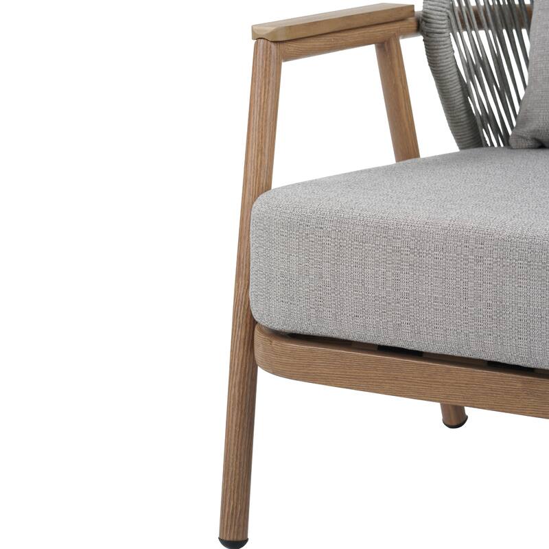 Roomfitters Orla Outdoor Rope Club Chairs with Plastic Wood Armrests and Cushions, Teak Finish