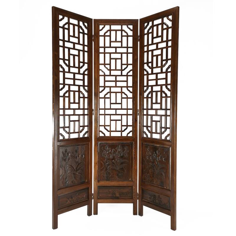 3 Mirrored Panel Screen with Trellis Cut Out Pattern, Brown