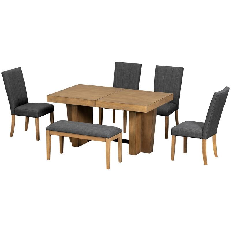 Farmhouse 78.1inch Extendable Wood Dining Table Set for 6, Kitchen Table Set with Bench and 4 Upholstered Chairs