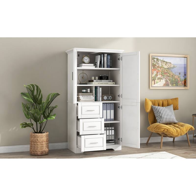 Roomfitters Tall & Wide Bathroom Storage Cabinet, Modern MDF Linen Tower with 3 Drawers & Adjustable Shelves