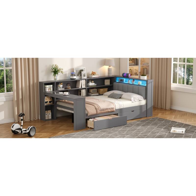 Roomfitters Full Platform Bed with LED Headboard, Charging Station and Storage