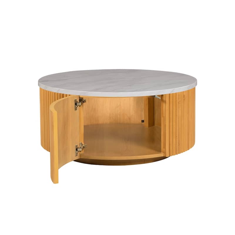 INK IVY Layana Faux White Marble Round Coffee Table with Storage - 35.5" x 17"H