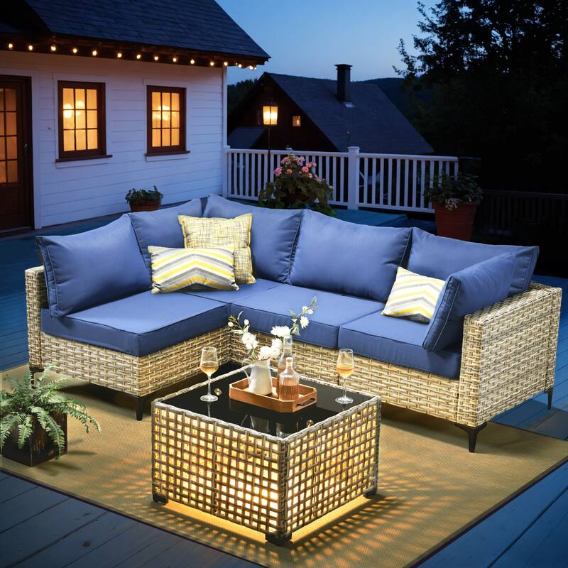 XIZZI 5-piece Patio Wicker Furniture Sectional Sofa Set - Navy Blue
