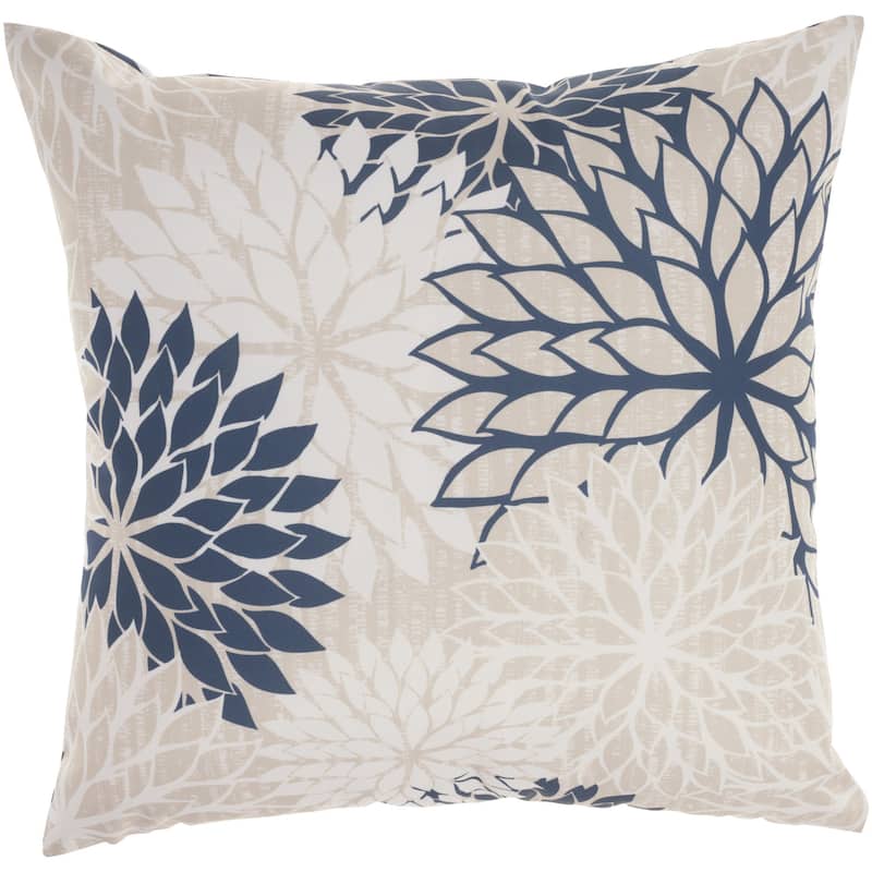 20" Beige Blue and Ivory Floral Indoor Outdoor Throw Pillow - 20" x 20"