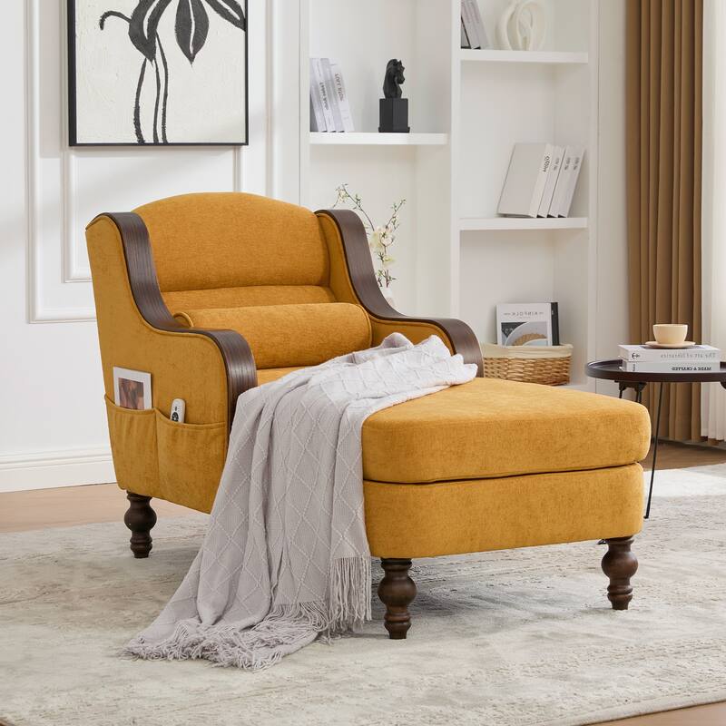 HOMEFUN Chenille Upholstered Wood Frame Oversized Chaise Lounge Single Sofa Bed with Side Pocket for Living Room,Bedroom - Yellow