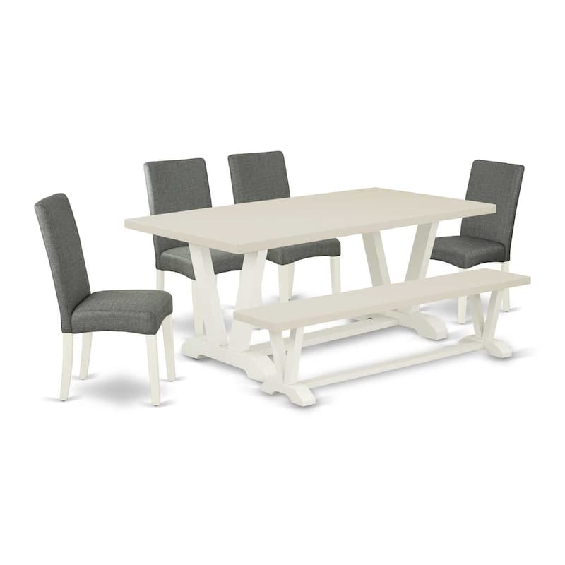 Wood Dining Table Set with Bench and 4 Parsons Chairs - Gray Linen Fabric Seat