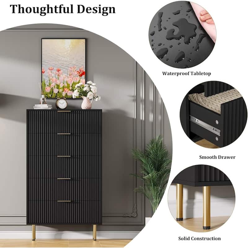 Fluted 5 Drawer Dresser for Bedroom, Wooden Chest with Wide Drawers, Modern Storage Organizer for Closet, Hallway