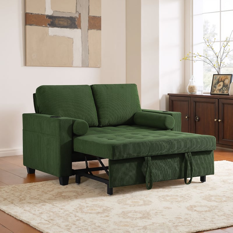 Corduroy Convertible Loveseat Sofa Bed Recliner with Cup Holder, USB Ports & Storage