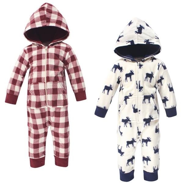 slide 1 of 1, Little Treasure Baby Boy Fleece Jumpsuits and Coveralls 2pk, Moose Blue/Red - 0 - 3 Months