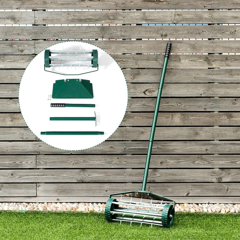 Rolling Lawn Aerator Rotary Push Tine Spike Soil Aeration w/ Fender