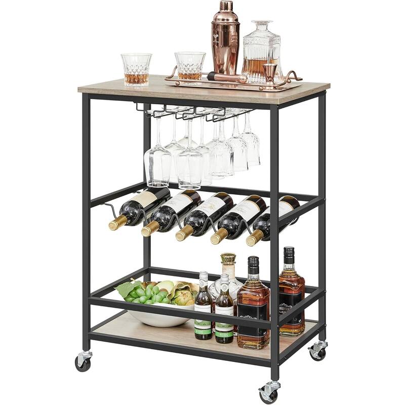 Industrial Bar Serving Cart with Casters, Glass Holders, Wine Holders