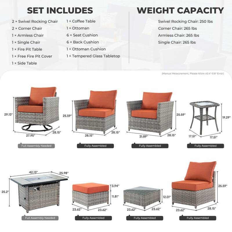 HOOOWOOO 10-piece Wicker Patio Furniture Outdoor Sectional Sofa Set with Fire Pit