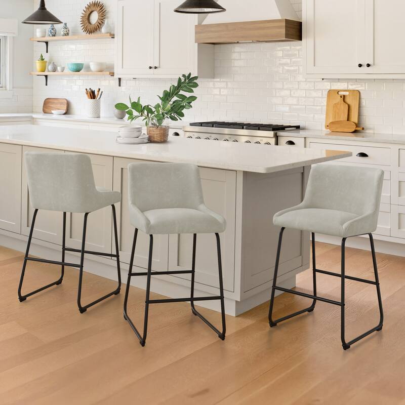 Counter Height Bar Stools with Metal Frame Upholstered Kitchen Island Stool in Faux Leather or Fabric - Light Beige Gray/Faux leather - Set of 3