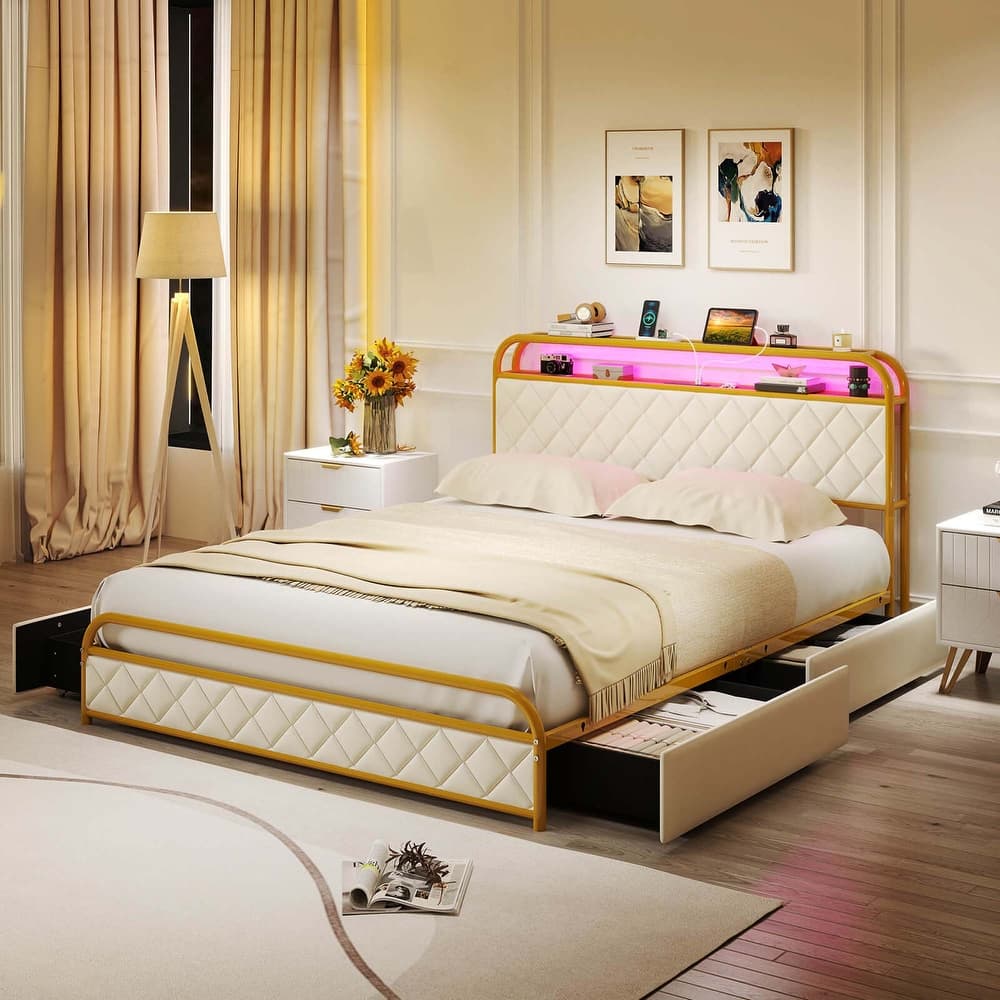 Costway Twin/Full/Queen Size Bed Frame with LED Lights & Charging