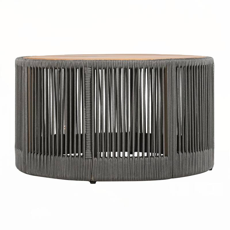 Outdoor Rattan rope & Acacia Wood Coffee Table(Rope Grey, Natural Iron)