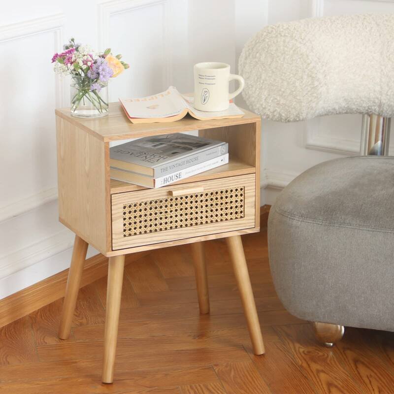 Modern Nightstand Rattan Side End Table with Storage,Accent Bedside Farmhouse Tables with Solid Wood Legs, Easy Assembly