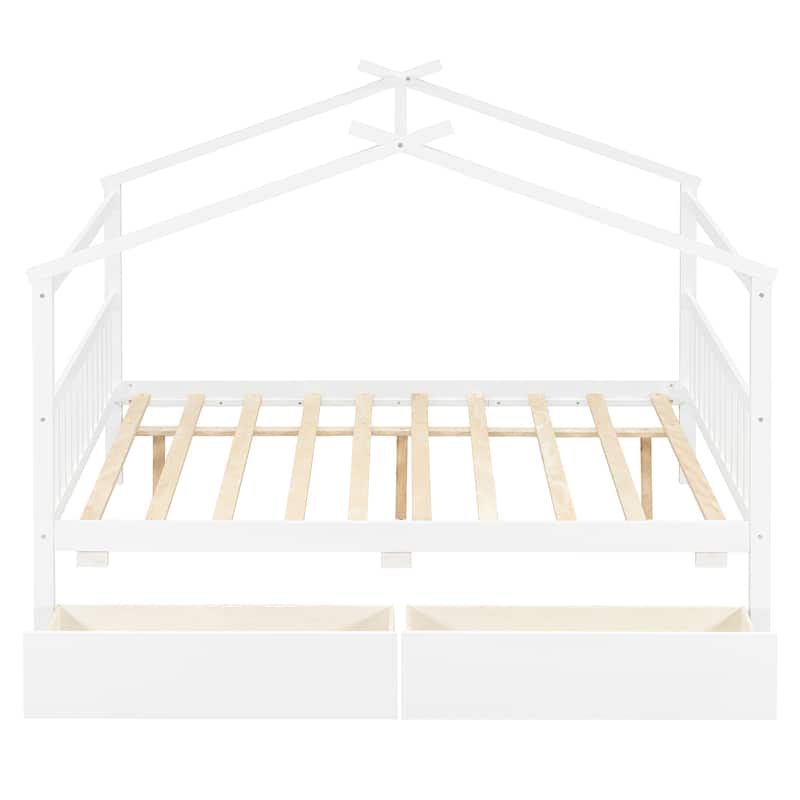 Creativity House Bed Full Size Frame with 2 Wood Drawers for Boys Girls, Wood Platform Bed with Roof No Box Spring Needed