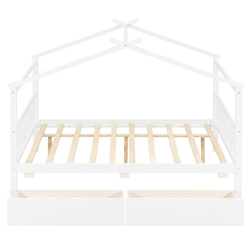 Full Size House Bed with 2 Drawers and Headboard Solid Wood Construction