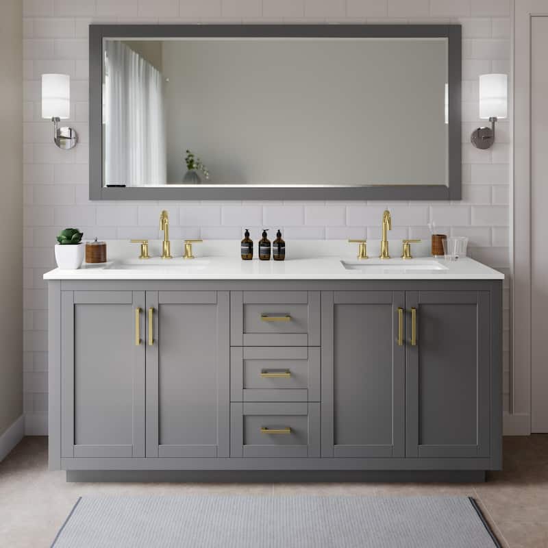 Wyndham Collection WCF292972D-QTZ-US3MXX Miranda 72" Free Standing - Dark Gray / White Quartz Top / Brushed Gold