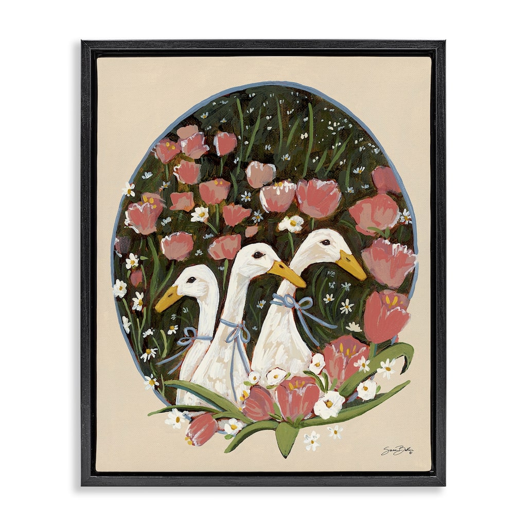 Stupell Ducks with Cottage Blooms Framed Floater Canvas Wall Art Design By Sara Baker