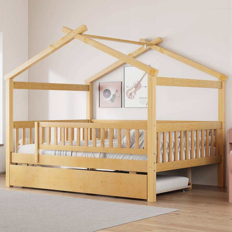 Full Size Wooden House Bed with Twin Size Trundle - Natural